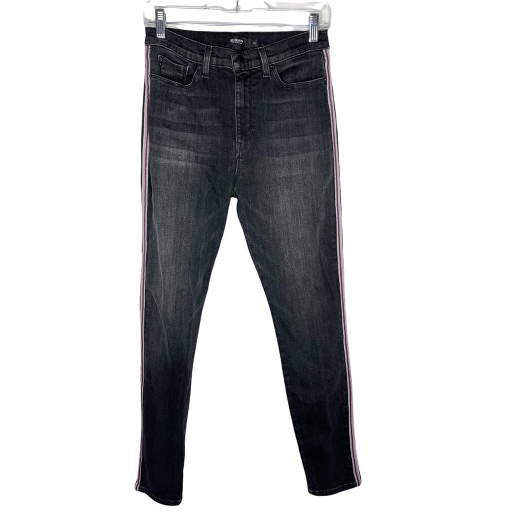 HUDSON / Barbara Track Stripe black skinny jeans in Dark Raven / 28
